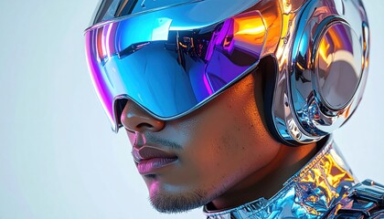 A futuristic person with sleek chrome helmet, visor reflecting vibrant colors, against a light backdrop