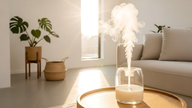Aroma Diffuser Humidifier Vaporizer Air Purifier In Modern Living Room Decor with Plants on Table Home Fragrance Concept Refreshing Air with Essential Oils for Relaxation Wellness Wellbeing