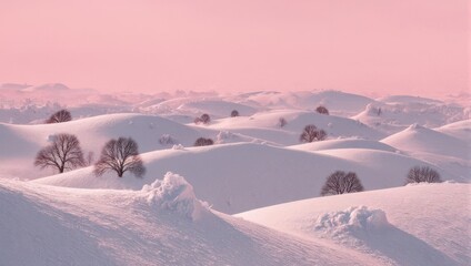 Serene Winter Landscape with Snow-Covered Hills and Bare Trees.