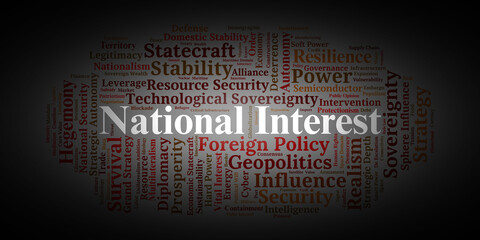 Fototapeta premium National Interest Word Cloud. Core Concepts in Statecraft and Global Strategic Goals