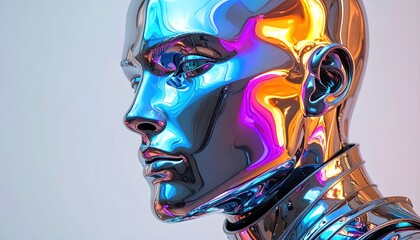 A chrome figure's profile gleams with vibrant colors, reflecting light