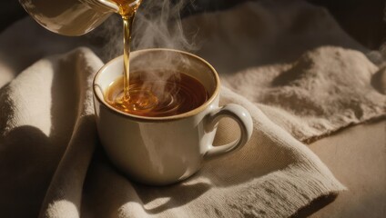 Pouring hot tea into a ceramic mug on a rustic linen cloth, creating a cozy morning atmosphere.