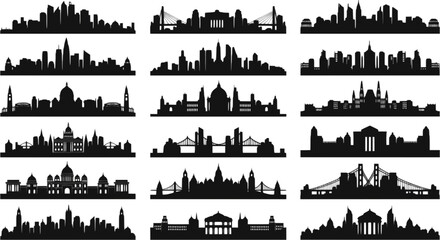 Obraz premium City silhouette vector set. Panorama city background. Skyline urban border collection.
