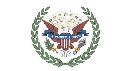 A graphic illustration of the Great Seal of the United States featuring an eagle, olive branch, and arrows, surrounded by a laurel wreath and stars on a white background, symbolizing