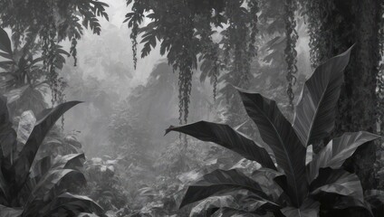 Monochrome view of a mysterious foggy jungle landscape.