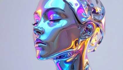 A metallic face with closed eyes, reflecting vibrant neon light, set against a white backdrop