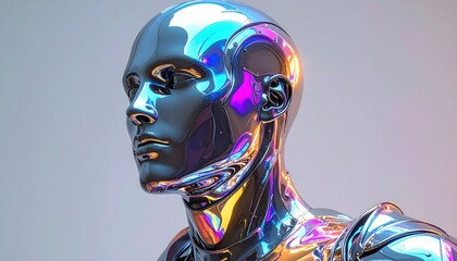 Polished, metallic humanoid head and shoulders with colorful reflections on a light background