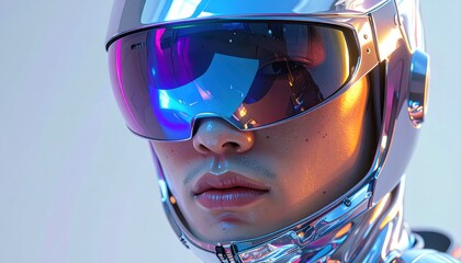 Close-up of a person in a futuristic, chrome helmet reflecting vibrant colors