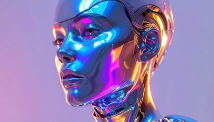 Chrome-skinned android head with iridescent highlights, in a soft pastel gradient setting