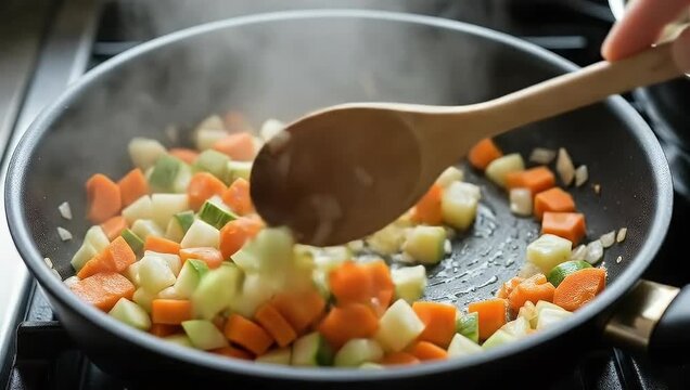 Saut?ing Diced Vegetables: Carrots, Zucchini, and Potatoes in a Steaming Pan with Wooden Spoon Stirring