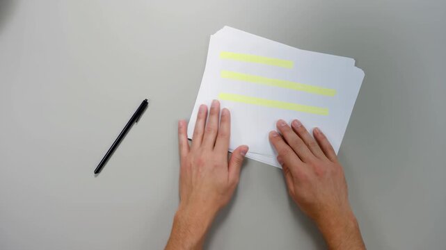 Hands holding paper with highlighted text, editing proofreading concept