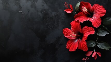 Vibrant scarlet hibiscus flowers with dark green leaves on a textured black background