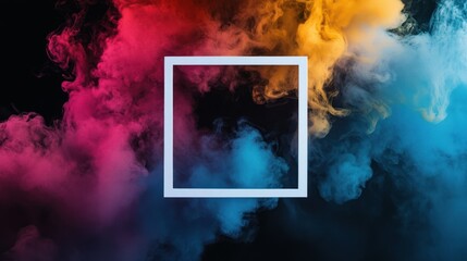 Vibrant smoke plumes in pink, orange, and blue swirl around a minimalist white square frame, creating an abstract and energetic composition.
