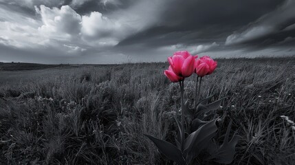 Vibrant tulips standing out in a monochrome meadow under a dramatic sky