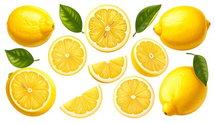 Fototapeta premium Fresh Lemon Collection - Whole, Sliced, and Leafy Accents.