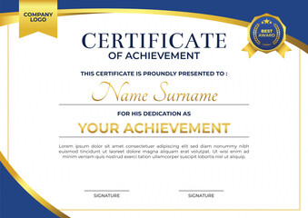 Obraz premium Blue and gold certificate of achievement with gold badge for award and print template