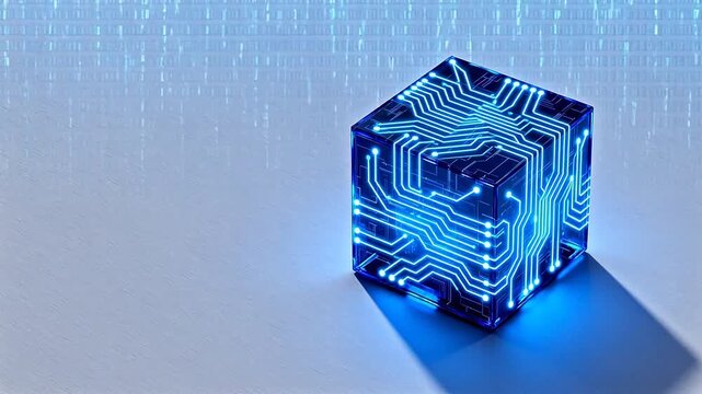 Blue glowing circuit cube on white background