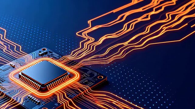 Circuit board with glowing orange lines