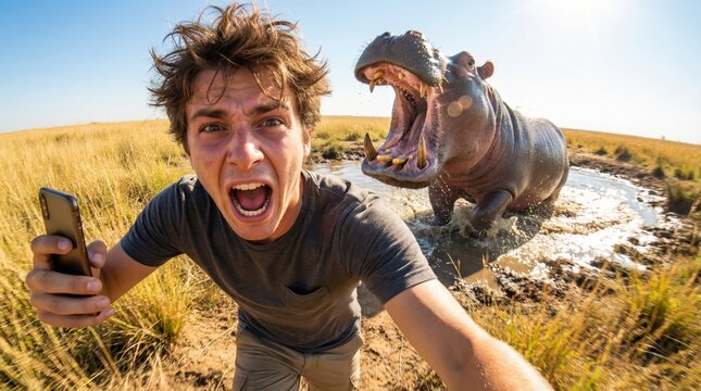 AI-generated selfie of a terrified man screaming while being chased by a large, aggressive hippopotamus in a watering hole, capturing a humorous and chaotic safari mishap.
