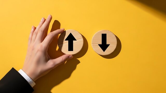 Business Directional Concepts Growth Vs Decline Choice Up Down Arrows Hand Choosing Option Decision Making Opportunity Wooden Signs Symbol Direction