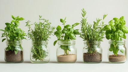 Collection of Glass Pots with Various Fresh Herbs Such as Mint, Thyme, and Basil for Indoor Gardening