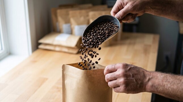 Artisan carefully preparing fresh coffee beans, pouring them into a sustainable package for quality small-batch production