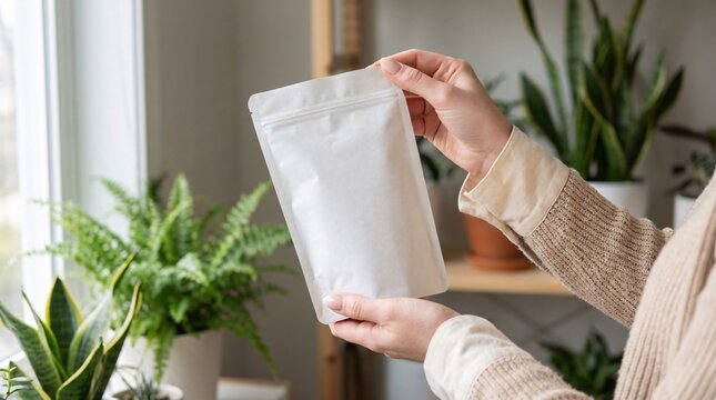 Close-up of hands holding a clean, blank white packaging pouch, offering a versatile mockup for branding and product display in a home setting