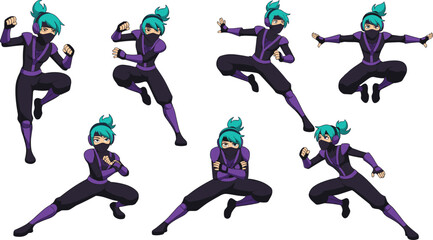 Female ninja character action poses set, cartoon stealth warrior heroine, dynamic fighting movements, game ready mascot, isolated vector illustration © Monteza