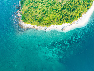 Aerial view of Jiajing Island in Shimei Bay, Wanning, Hainan, on a summer evening.