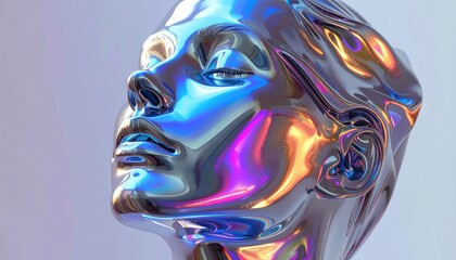 Sculpted metal bust reflects colorful light, showcasing a face in profile