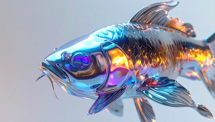 A close-up of a highly reflective, metallic koi fish with vibrant rainbow hues