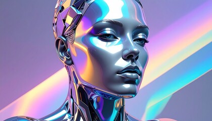 Holographic cyborg portrait, polished silver skin reflecting neon hues against soft gradients