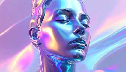 Reflective and iridescent 3D render of a serene face with closed eyes