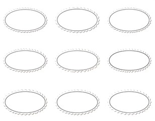 Nine oval frames arranged in three rows of three. Each frame has a black outline with a decorative, brown zigzag border around its edge