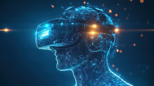 Futuristic Virtual Reality Experience Unveiled Digital Human Profile Wearing an Advanced Headset, Representing Immersive Technology and the Future of Digital Interaction