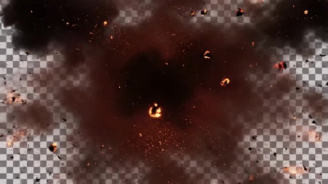 Intense fiery explosion with debris and smoke on transparent background