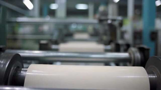 Industrial machinery in a factory setting, manufacturing process, production line.