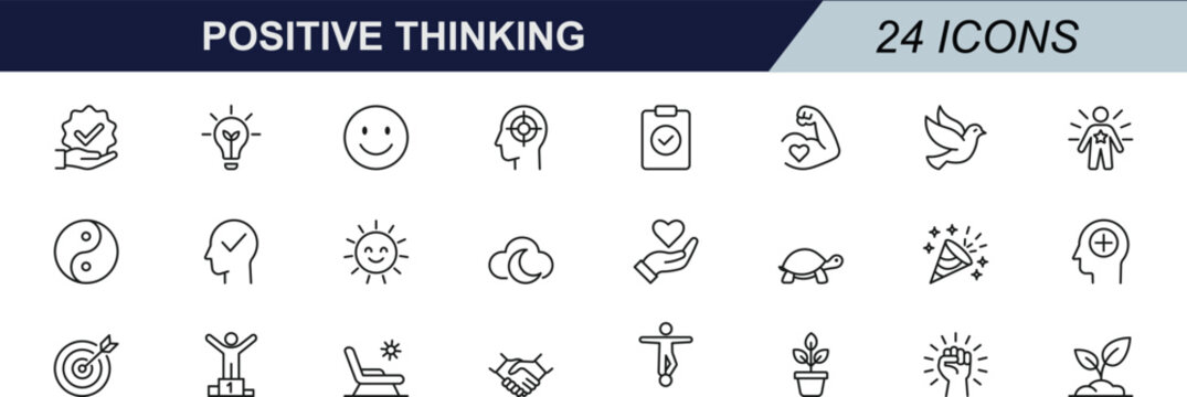 Positive thinking vector icons set. With hope, gratitude, confidence, peace, joy, growth, courage, and motivation. Designed to inspire wellness, harmony, and mindful living.