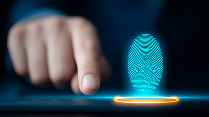 Finger approaching a digital fingerprint scan interface symbolizing biometric authentication and identity verification.
