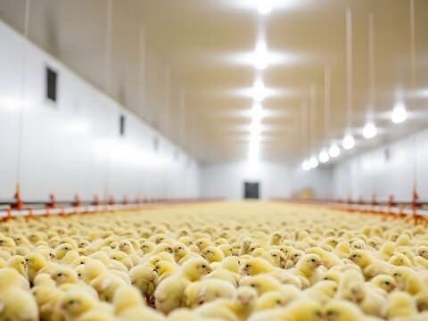 Endless Flock of Yellow Chicks in a Modern Poultry Farm. Generative Ai