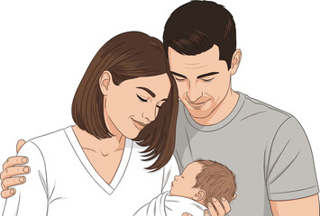 Loving parents holding newborn baby, happy family bonding moment, motherhood and fatherhood, childcare concept, tender emotions, cartoon illustration
