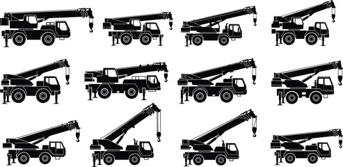 Mobile crane silhouettes illustration, telescopic boom, lifting hook, truck mounted machinery, heavy equipment, construction site, industrial tools, vector design © Salman