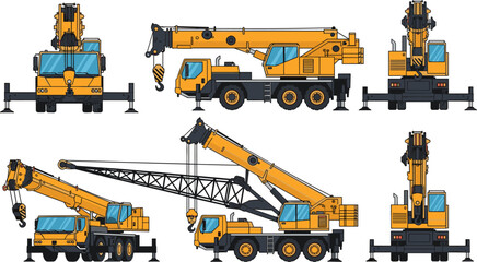 Mobile crane truck, multiple views, telescopic boom, lifting truss, construction equipment, heavy machinery, stabilizers deployed, industrial vehicle, yellow black, silhouette © Salman
