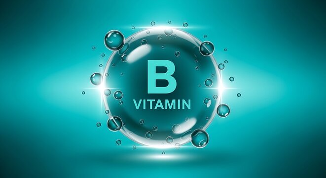 A conceptual illustration of vitamin b represented in a glistening sphere on a teal background.