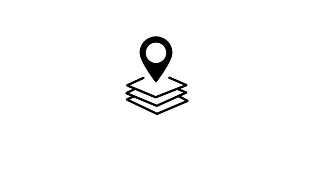 Black location pin icon stacked on three layered squares on a white background Keywords: location, pin, map, marker, navigation, destination, point, place, address, geo, position, icon, symbol