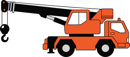 Orange mobile crane truck illustration, construction vehicle, articulated boom, lifting hook, heavy machinery, industrial equipment, engineering tool, site work © Salman