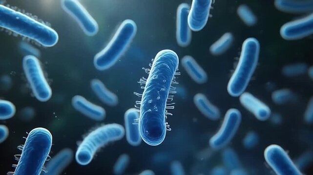 Microscopic view of bacteria cells, scientific illustration, medical research concept.