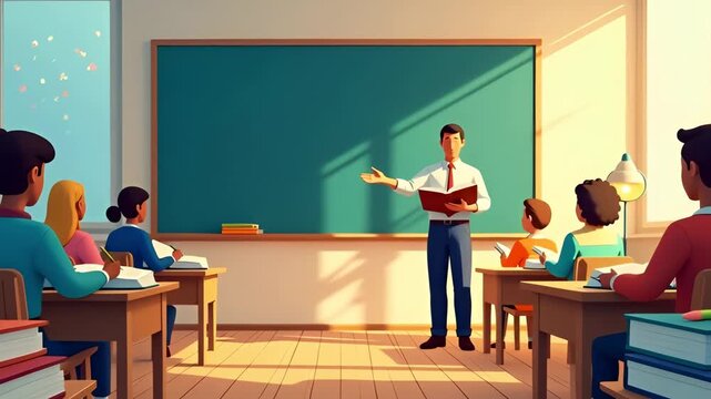 Teacher teaching a diverse group of students inside a bright classroom