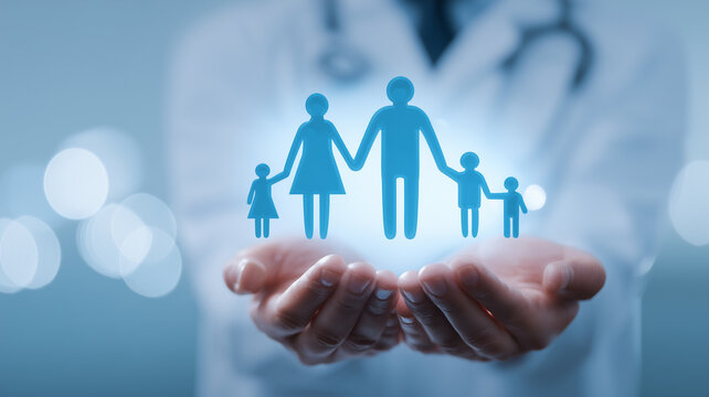 Doctor holding a family icon, representing healthcare protection, medical coverage, and insurance planning.
