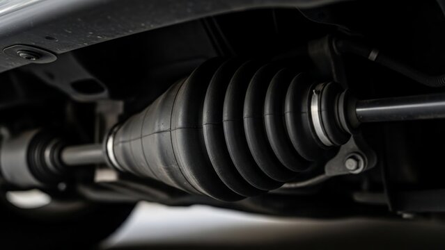 Close-up view of a vehicle's CV joint and axle shaft.